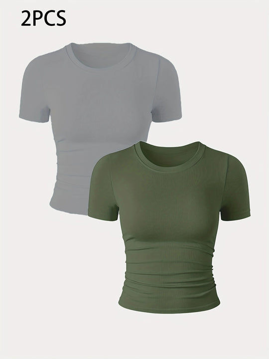 2 Packs Women's Seamless Workout Tops - Breathable Short Sleeve Athletic Shirts, Moisture Wicking Quick Dry Tees With Soft Stretch Fabric