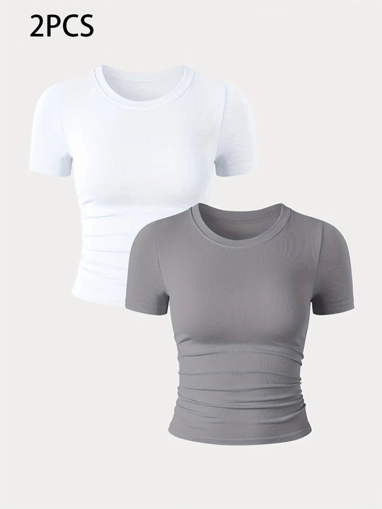 2 Packs Women's Seamless Workout Tops - Breathable Short Sleeve Athletic Shirts, Moisture Wicking Quick Dry Tees With Soft Stretch Fabric
