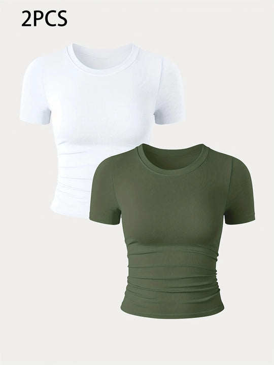 2 Packs Women's Seamless Workout Tops - Breathable Short Sleeve Athletic Shirts, Moisture Wicking Quick Dry Tees With Soft Stretch Fabric